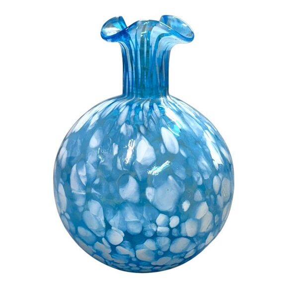 Handblown Art Glass Vase Bulbous Ruffled Edge Blue & White Polka Dot Accent MCM - Picture 2 of 5